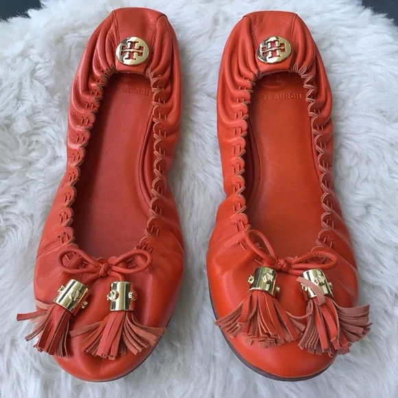 Tory Burch Brazen Burnt Orange Reese Mestico Leather Tasseled Ballet Flats - Picture 1 of 11